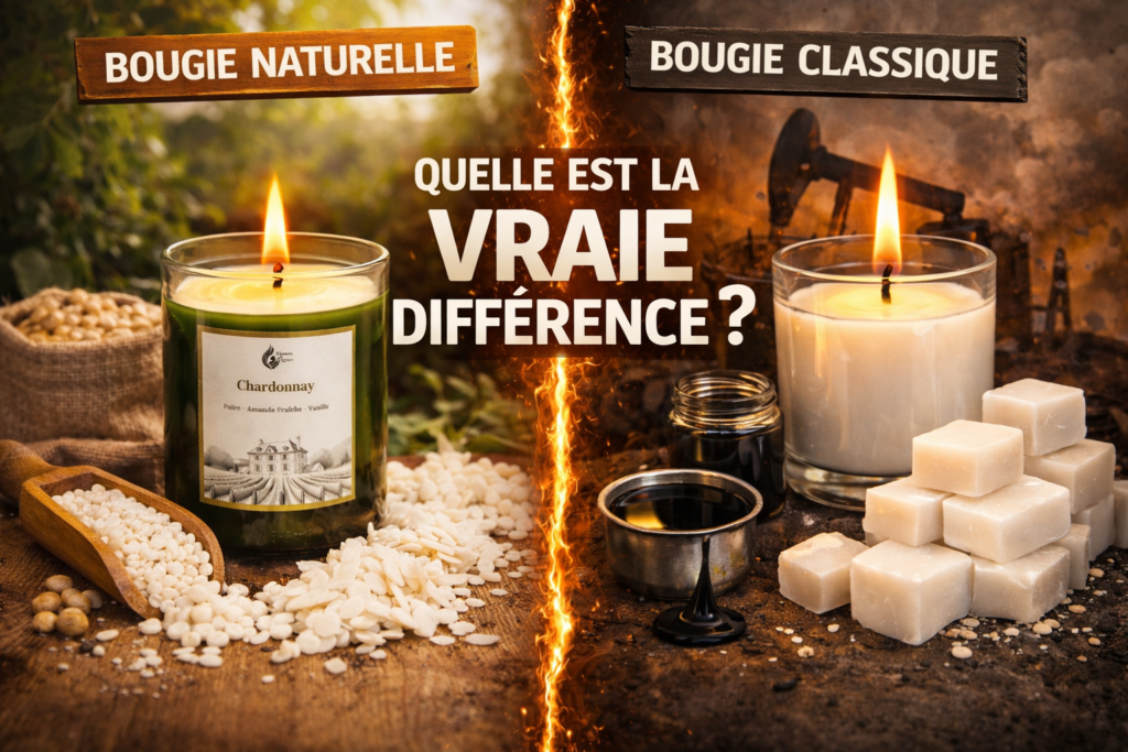 Bougie naturelle en cire de soja comparée à une bougie classique en paraffine, montrant la différence entre composition végétale et dérivé du pétrole.