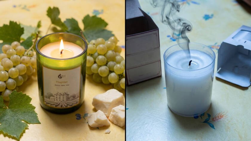 Comparaison visuelle entre une bougie naturelle en cire soja végétale entourée d’éléments naturels et une bougie classique industrielle en paraffine, montrant les différences de composition et d’ambiance